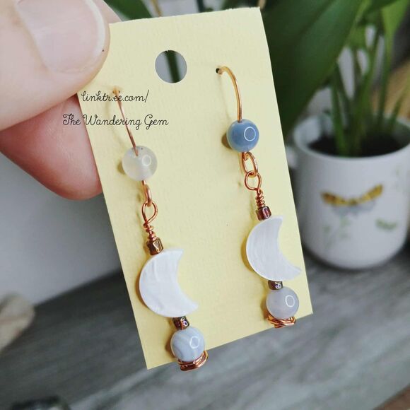 BOGO EARRINGS Crescent Moon Blue Lace Agate Crystal Beaded Dangle Earrings 2" - Picture 5 of 5